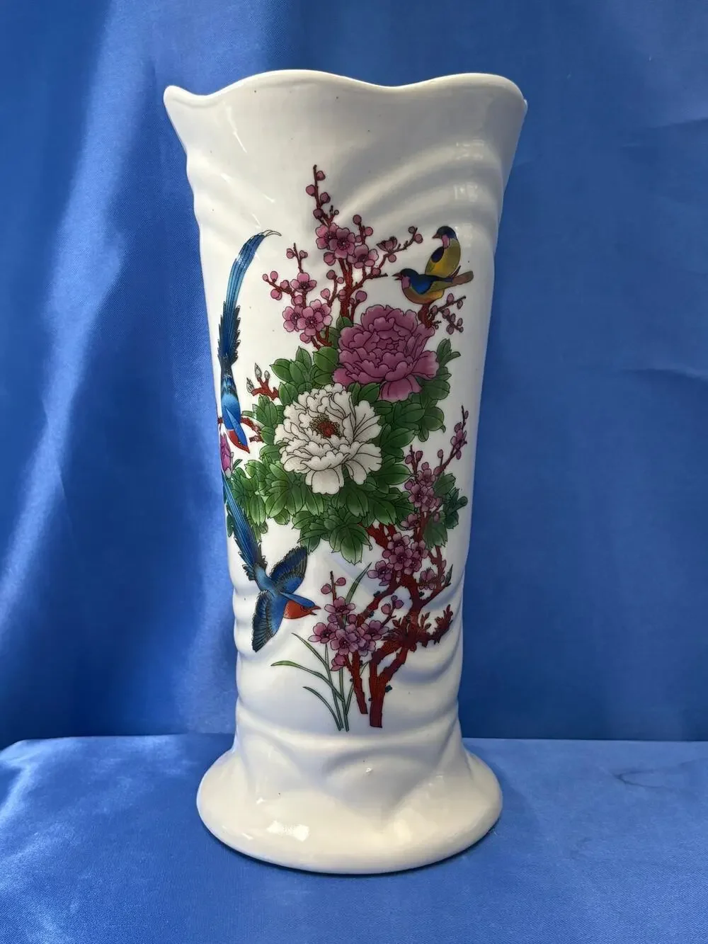 White Porcelain Chinese Spring Vase Accented with Blue Birds and Flowers